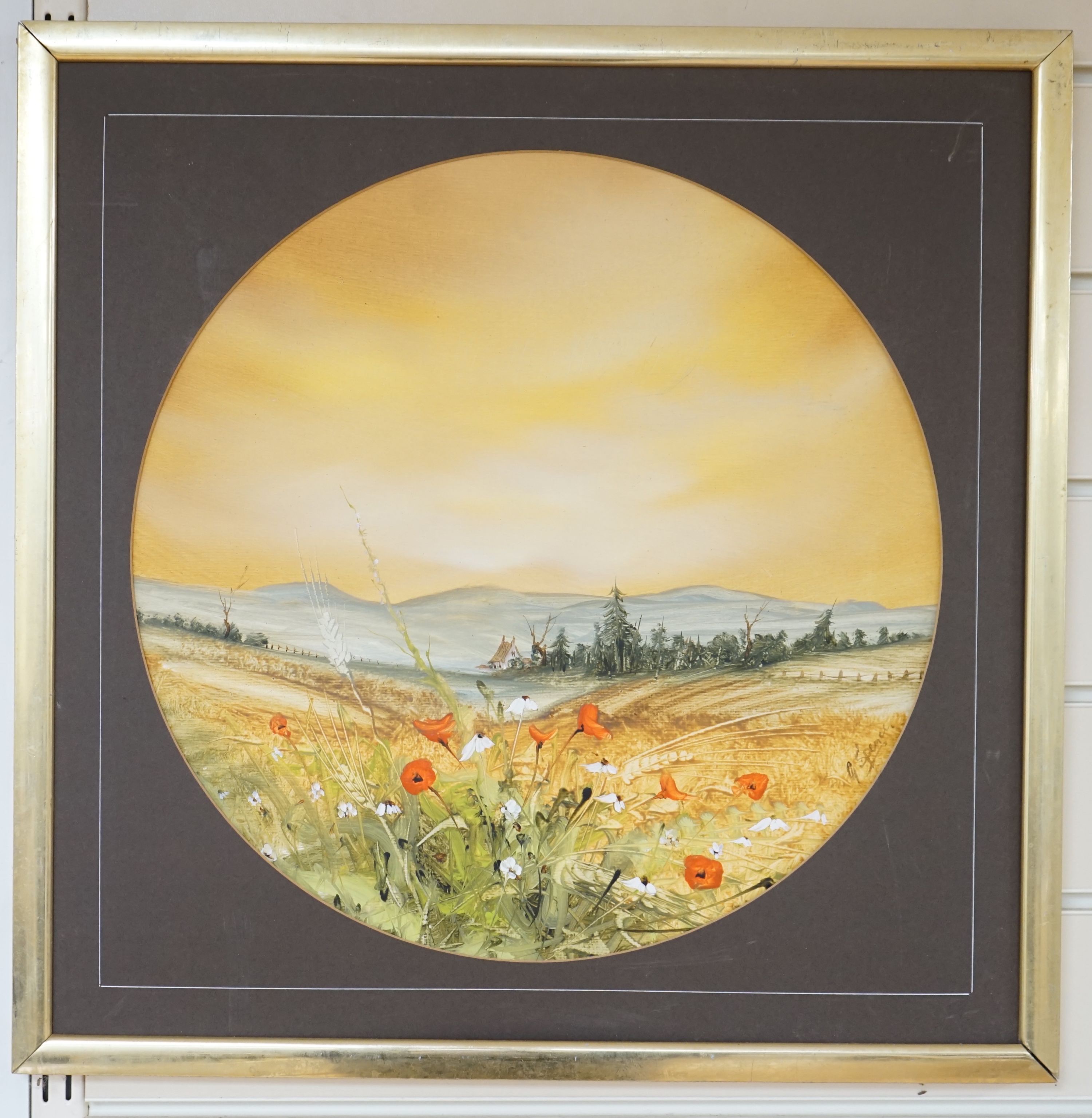 G. Spence, oil on paper, Poppies in a landscape, signed, tondo 38cm